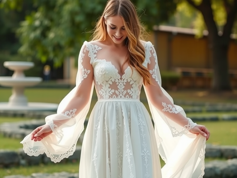 Stunning boho flowy wedding dress in soft ivory lace with A-line shape, intricate floral patterns on the bodice, sheer sleeves, and lightweight fabric, perfect for an outdoor celebration.