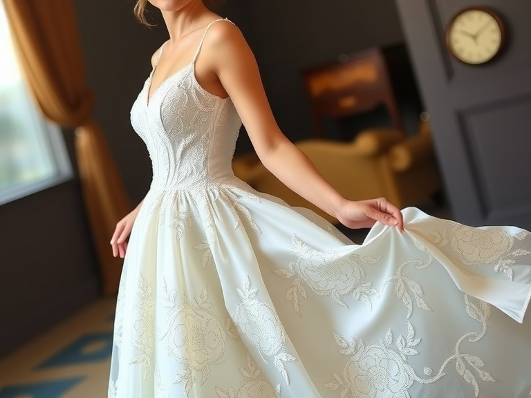 Vintage short wedding dress with playful skirt, delicate lace and intricate floral patterns, soft satin lining for comfort, highlighting the bride's silhouette, offering timeless romantic elegance.
