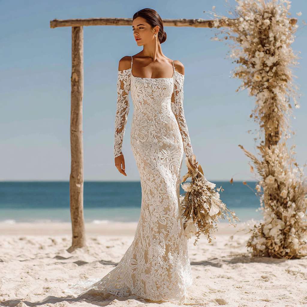 Woman in a Boho wedding dress with square neckline and long fitted lace sleeves standing on sandy beach, featuring all-over floral lace pattern and a subtle train, with sleek bun hairstyle and an ocean backdrop with wooden floral arch.
