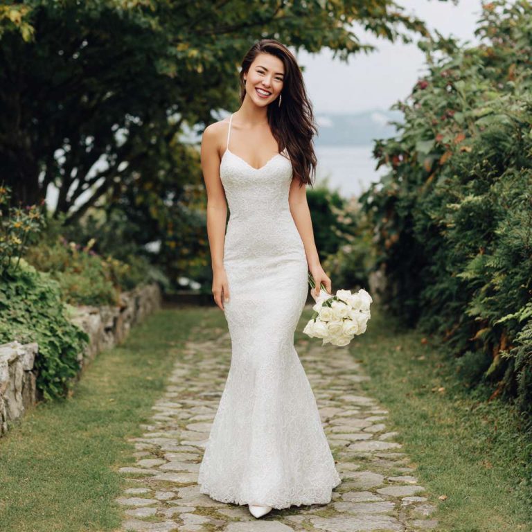 A woman in a shimmering lace Mermaid Tail wedding dress with spaghetti straps stands on a stone path, smiling as she holds a small bouquet of white roses. She wears white pointed-toe shoes, with green trees and an overcast sky in the background.
