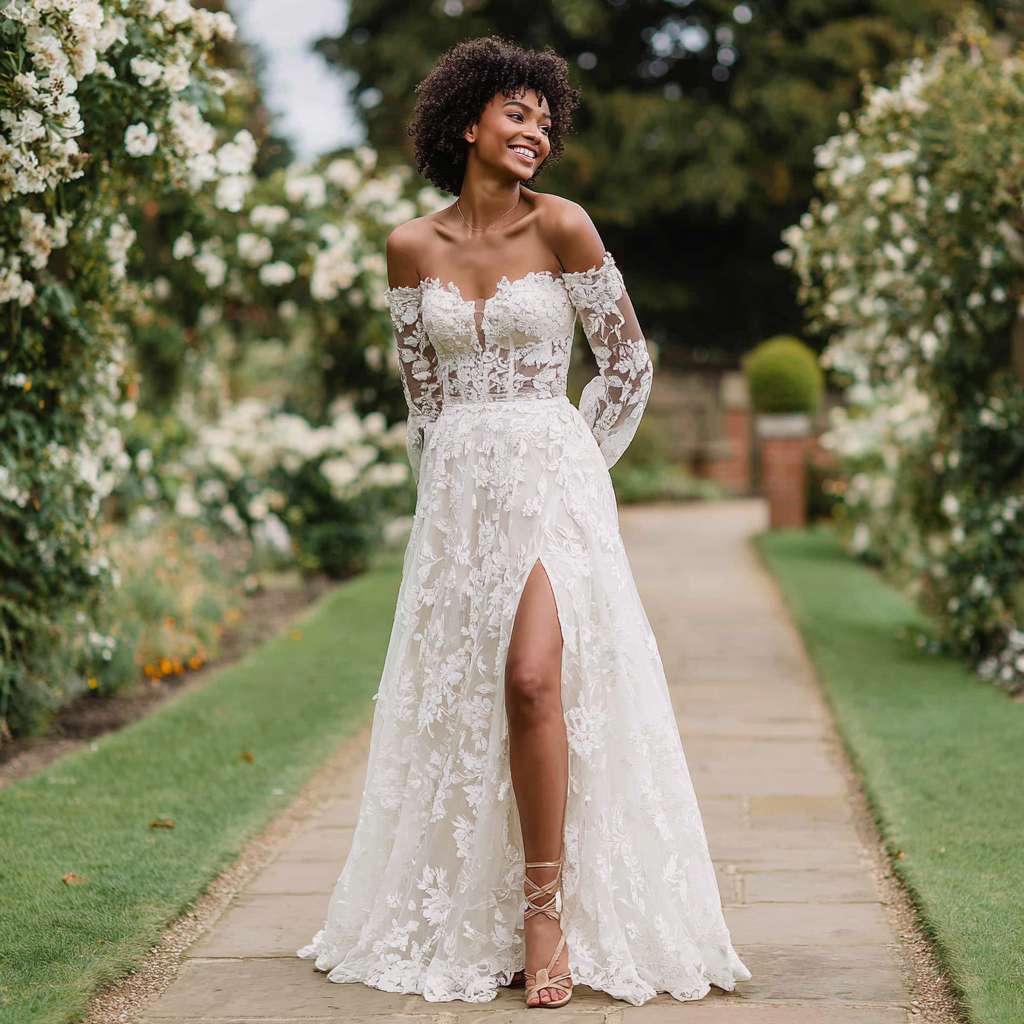 Woman in an off-the-shoulder A-Line lace wedding dress with sheer long sleeves and floral lace appliqué, standing on a garden path with greenery and white flowers in the background, wearing strappy sandals and smiling softly.