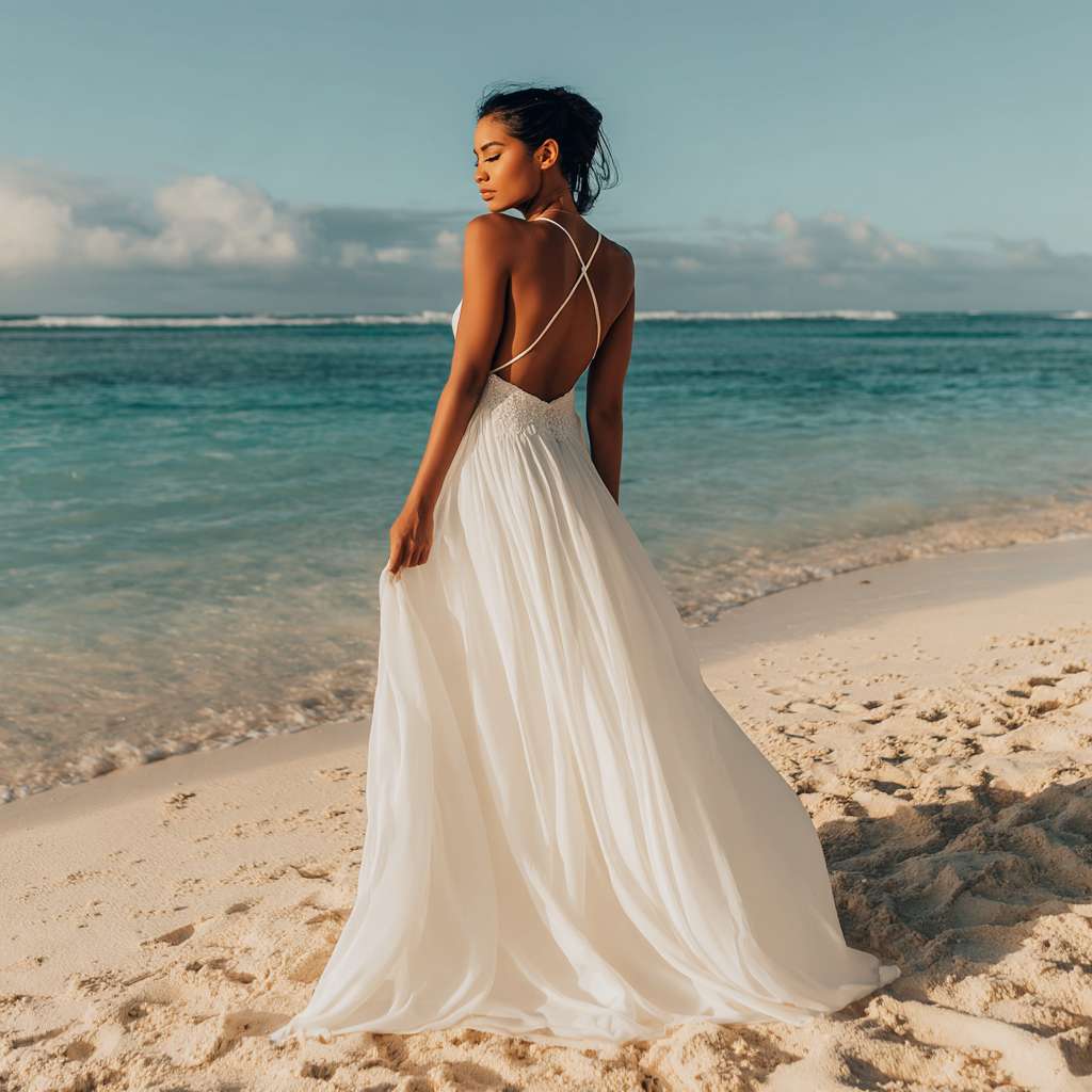 Stunning Black bride in a boho beach wedding dress with A-line silhouette, soft ivory chiffon, deep V-neckline, delicate spaghetti straps, and open back with cross-back detail, standing barefoot on sandy shore during golden hour, with airy train billowing in ocean breeze.
