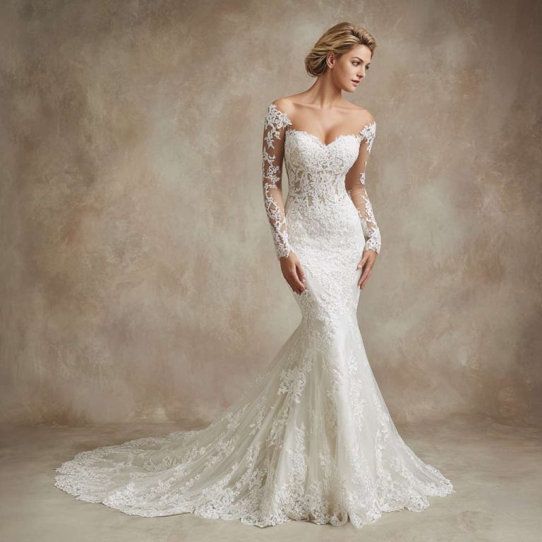 Stunning bride in a mermaid lace wedding dress with Chantilly lace overlay, sweetheart neckline, long illusion lace sleeves, dramatic flare at the knee, and sweeping chapel train, perfect for a luxurious ballroom setting.
