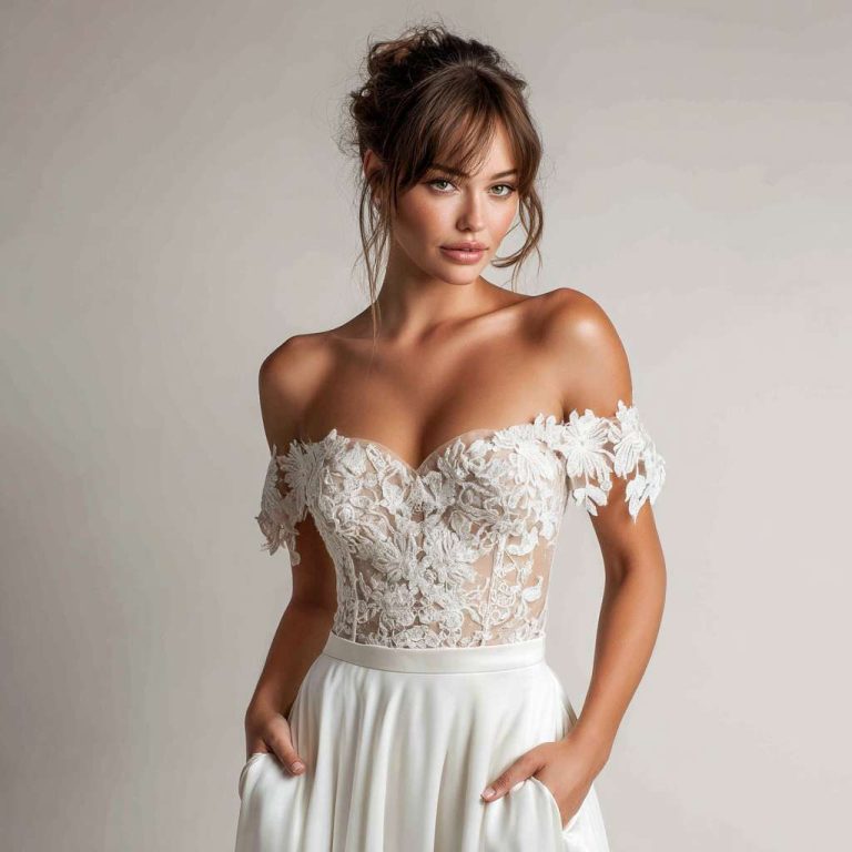 Woman in Boho flowery wedding dress with off-the-shoulder neckline and fitted lace bodice featuring intricate floral embroidery, smooth satin skirt, and loose romantic updo, posing against a neutral background with one hand in pocket.